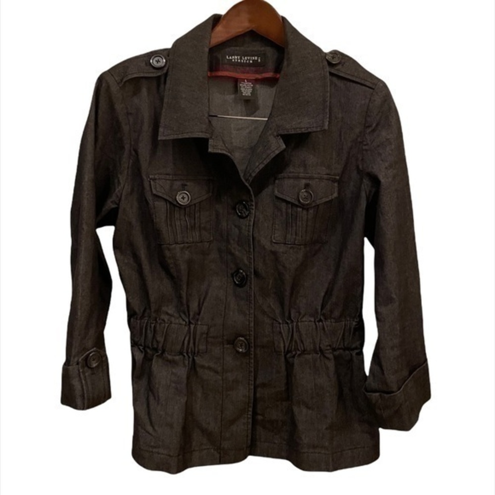 Larry Levine Stretch Black Denim Peplum Wasit Band Jacket 
Women Large
